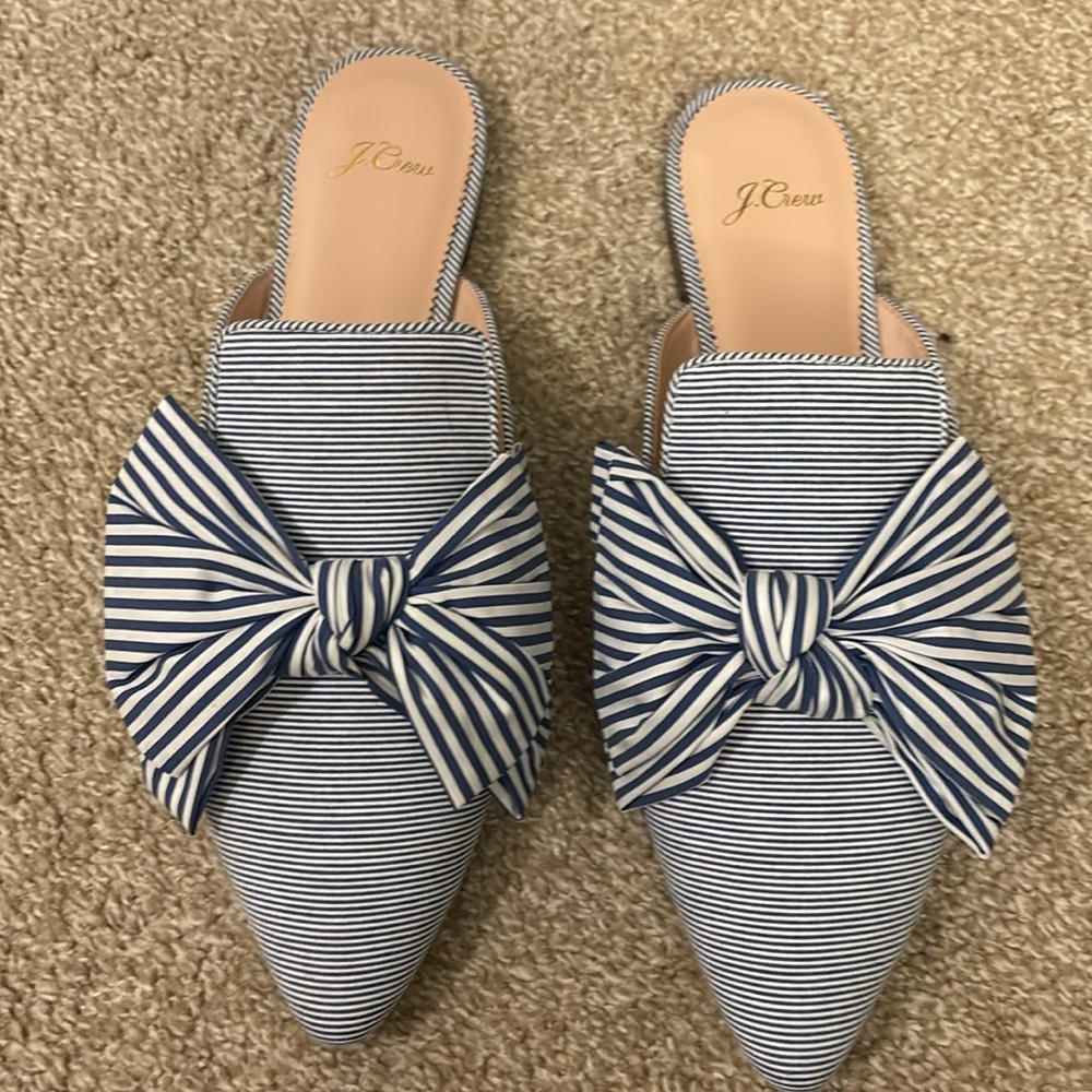 EUC J crew blue stripe bow mules